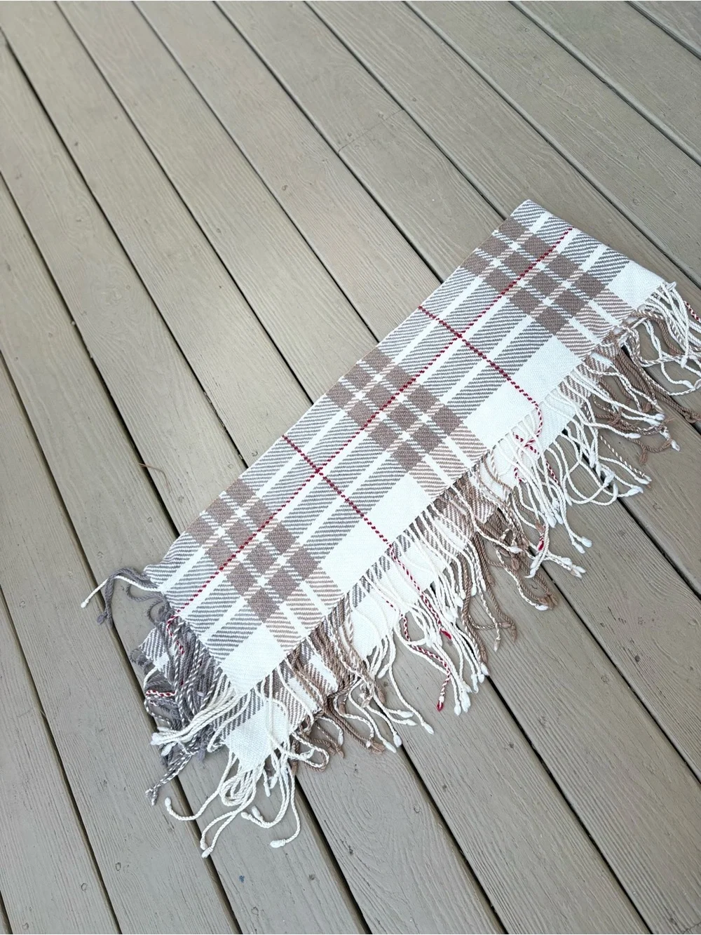 NWOT Unisex Plaid Fringe Scarf - Cream/Brown/Burgundy & Gray, Size: 72” x 10”